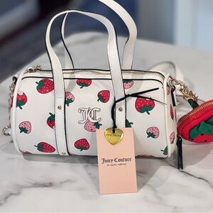 Juicy Couture White Barrel Satchel with Red & Pink Strawberry Print